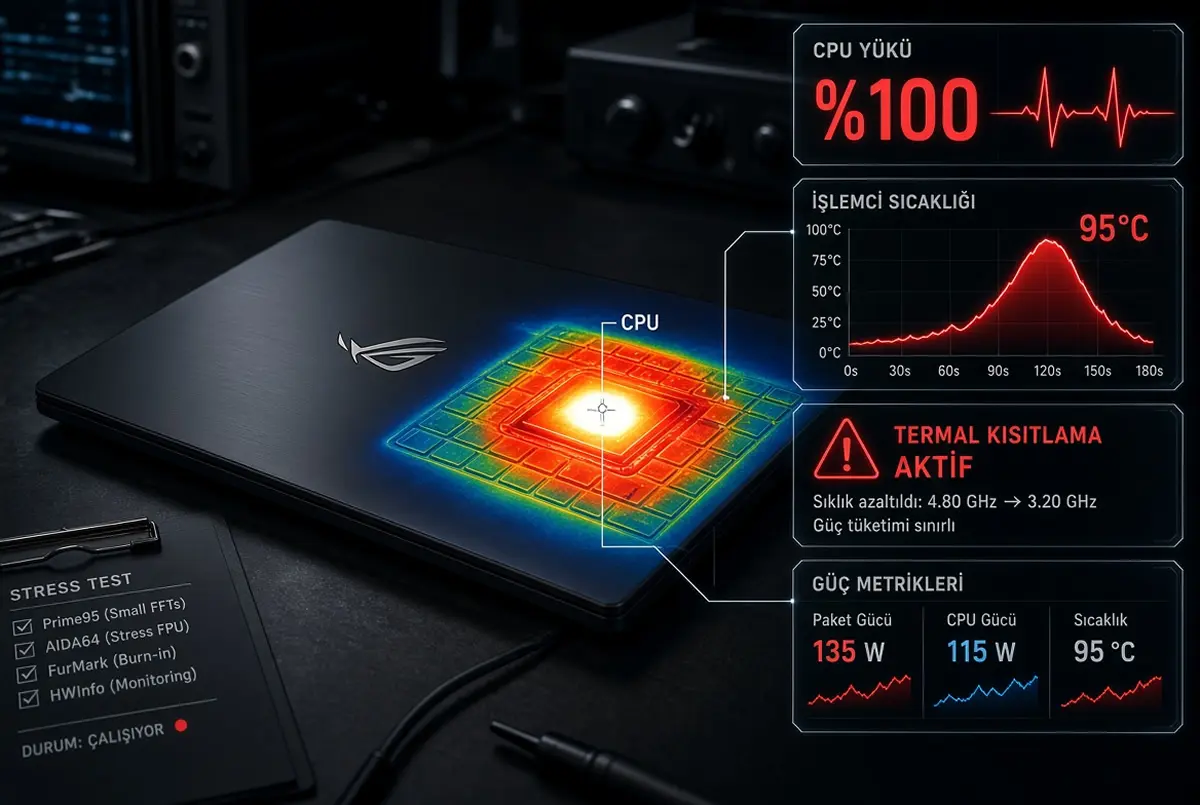 İkinci el laptop işlemci stres testi, HWMonitor ile sıcaklık takibi ve termal throttling ısınma analizi