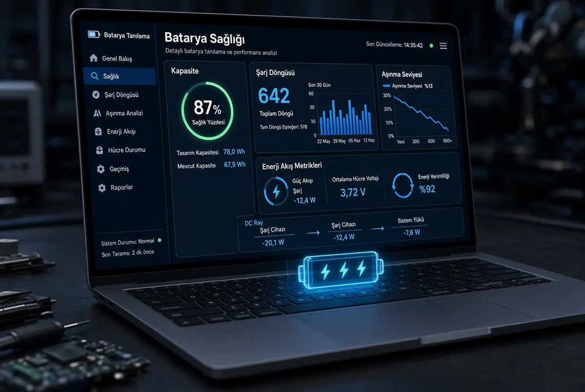 İkinci el laptop batarya sağlığı raporu, pil döngüsü (cycle count) ve wear level (aşınma seviyesi) test sonuçları