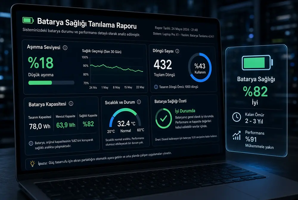 İkinci el laptop batarya sağlığı testi, pil döngüsü (cycle count) ve wear level (aşınma seviyesi) raporu
