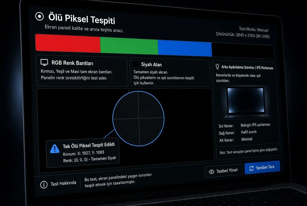 İkinci el laptop ekran paneli testi, ölü piksel kontrolü ve IPS glow ışık sızması analizi