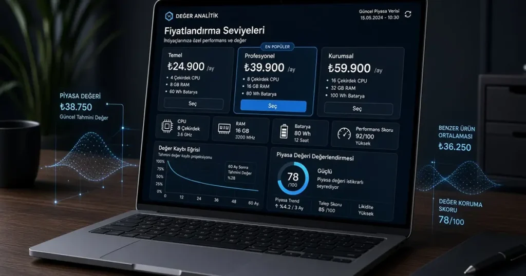 İkinci el laptop piyasa değeri hesaplama, donanım özelliklerine göre fiyat ve amortisman belirleme tablosu