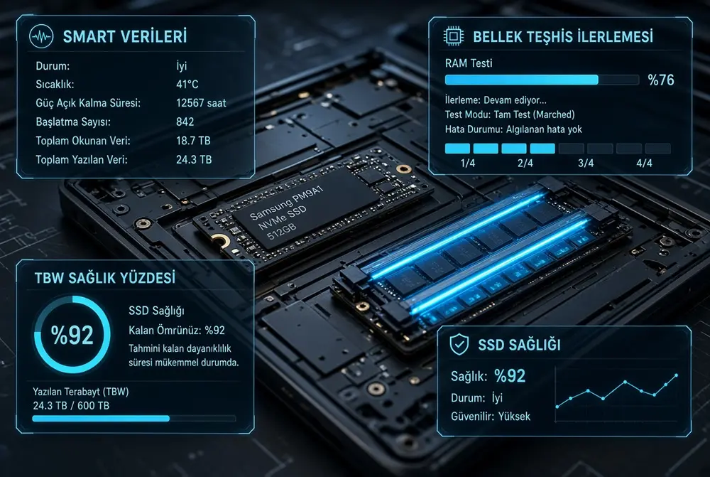 İkinci el laptop SSD disk ömrü, SMART verileri TBW analizi ve RAM bellek hata testi sonuçları
